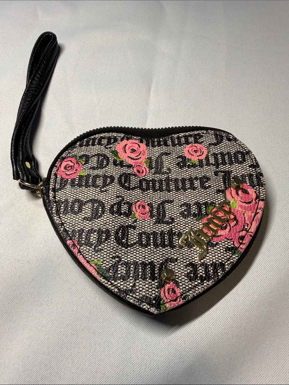 Juicy Couture Heart Wristlet in Black with Pink Floral Print